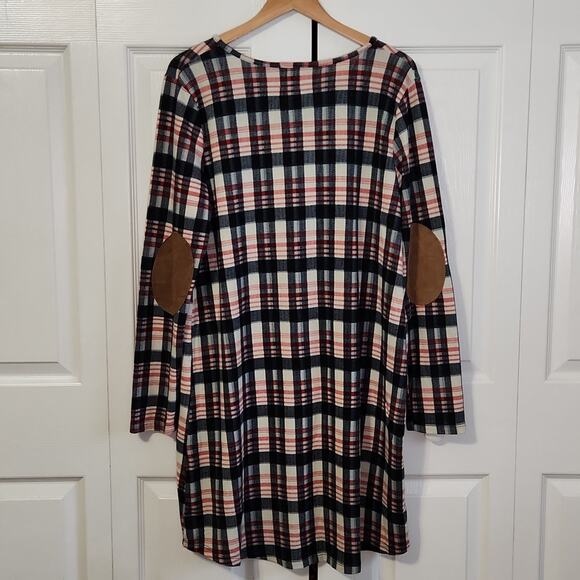Grace & Emma Women's Plaid Dress Size LG Faux Suede Elbow Patches Knee Length - Picture 2 of 9